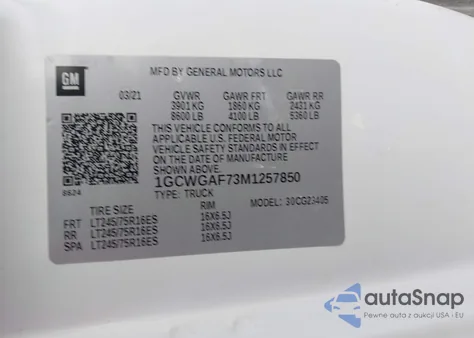 2021 Chevrolet Express Cargo Rwd 2500 Regular Wheelbase Wt из США, поврежденный, VIN 1GCWGAF73M1257850